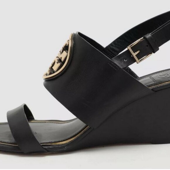 Brand newTory Burch sz 8.5 Metal Miller Wedge Leather Sandals black/gold 56115 - Picture 1 of 7
